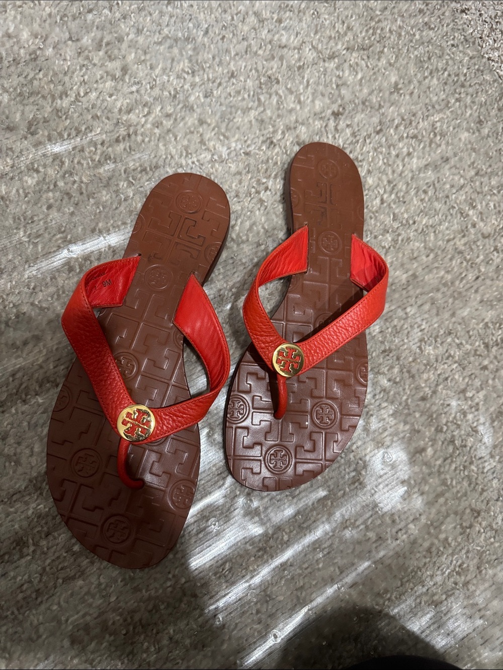 Tory Burch Red Leather Logo Thong Sandals with Gold Medallion